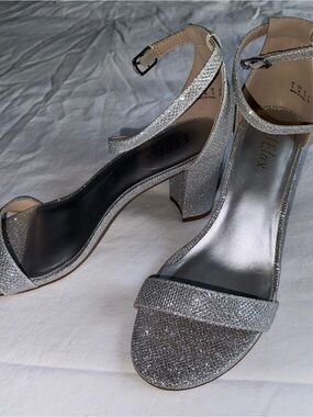 Glitter Block Heel Sandals with Ankle Strap - Silver